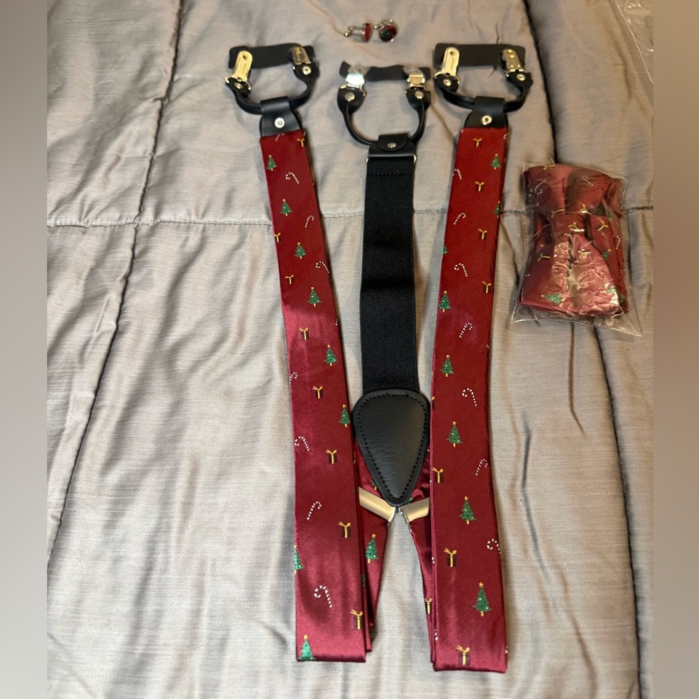 Men's Red Suspenders with Christmas Tree Design